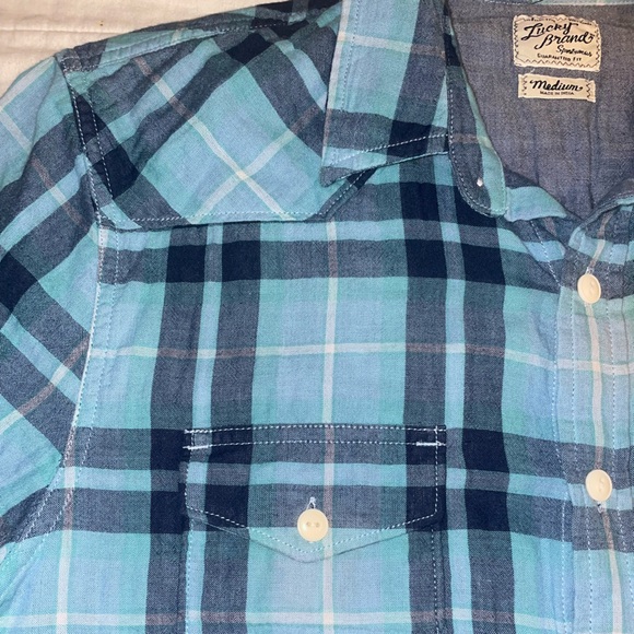 Lucky Brand Teal and Navy Plaid Button down short sleeve Men's Shirt Medium - Picture 7 of 9